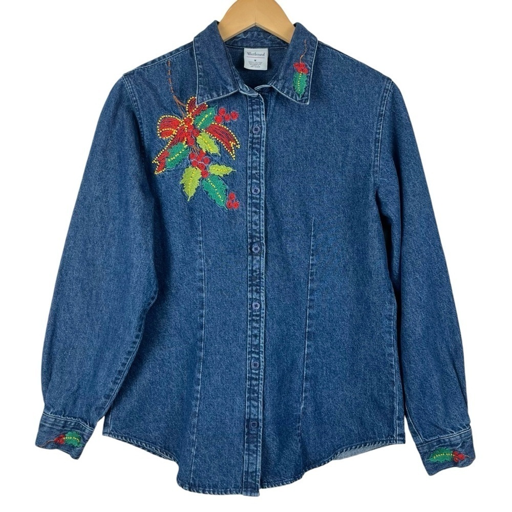 Vintage Westbound Christmas Embroidered 100% Cotton Denim Shirt Size Medium